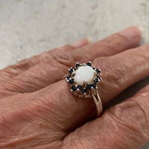 Designer 925 Silver Oval Opal Cabochon with Blue Sapphire Halo Cocktail Ring 7.5